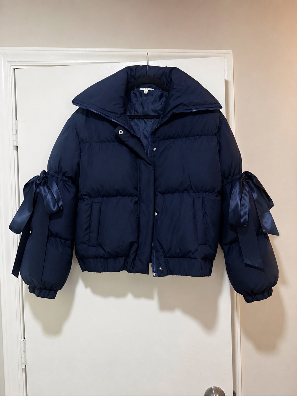 TCEC Navy Blue Puffer Coat with Statement Satin Bow Sleeves | Size Small